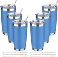 20 oz Tumbler with Lids and Straws, Stainless Steel Insulated Travel Coffee Mug, Double Wall Vacuum Insulated Tumblers, Powder Coated Coffee Tumbler for Cold & Hot Drinks (Sea Blue, 6 Pack)