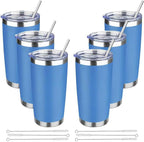20 oz Tumbler with Lids and Straws, Stainless Steel Insulated Travel Coffee Mug, Double Wall Vacuum Insulated Tumblers, Powder Coated Coffee Tumbler for Cold & Hot Drinks (Sea Blue, 6 Pack)