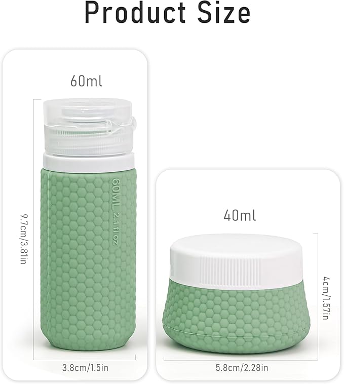 2 oz Travel Bottle Silicone Small Liquid Travel Containers 2 Pack Leak Proof TSA Approved Bottles On The Go Size Traveling Kit for Toiletries Shampoo Body Wash Skincare Lotion Women Men Leather Green