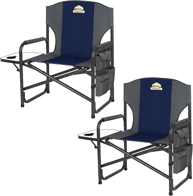 Colegence Oversized Directors Camping Chair Set of 2 Support 600 LBS, Heavy Duty Folding Outdoor Chairs with Detachable Side Pocket and Adjustable Side Table for Outside Beach,Lawn,Fishing (Blue)