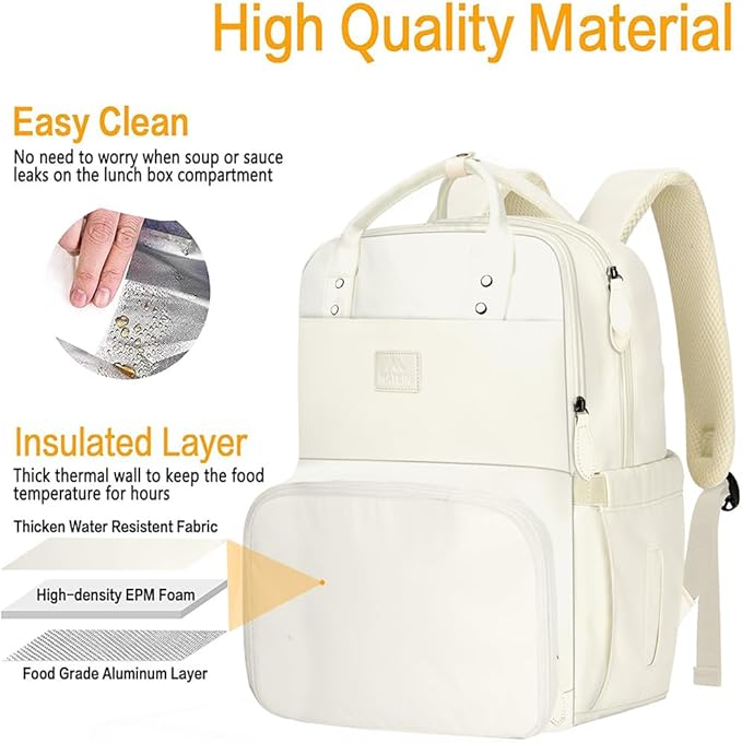 MATEIN Womens Backpack with Lunch Box, 17 Inch Laptop Backpack with Cooler Compartment for Lunch Containers, Large Computer Backpack for Travel Work College Daily, Beige