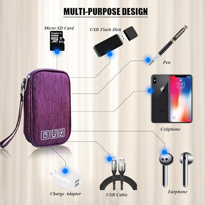 Electronic Organizer Bag Cable Organizer Travel Cord Organizer Case Pouch Portable Carrying Case for Charger Hard Drive Earphone USB SD Card (Purple)