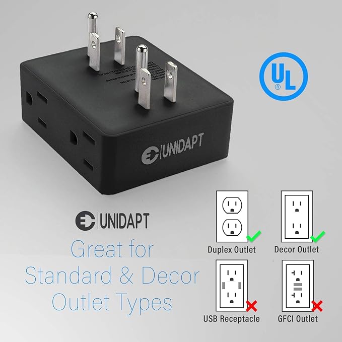 Multi Plug Outlet Splitter, Unidapt Multiple Outlets Extender Adapter with 6 AC Sockets, Side Splitter Box, Wall Power Plug Expander for Home Hotel Office Dorm Essentials, 2-Pack (Black)