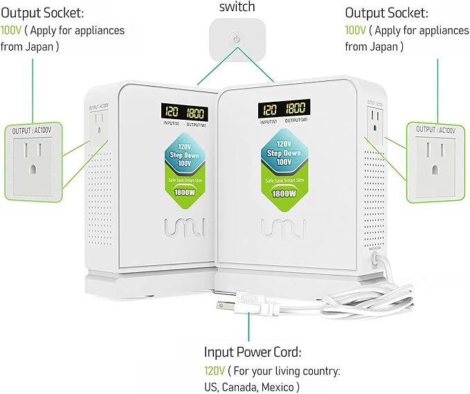 UMI 1800 Watt Voltage Converter Transformer - Heavy Duty Step Down AC 120V to 100V Power Converter - for Japan Appliances Use in US Canada Mexico – CE Certified [3-Year Warranty]