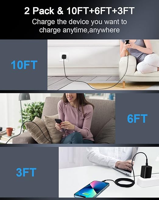 2pack-10ft USB Type C to Lightning iPhone Charger Cable, Original Apple Usbc Power Delivery Fast Charging Cord for iPhone 14/13 Pro Max/13Pro/13/12/11/XR/XS, PD USB-C Lighting Wire Cargador Powerline