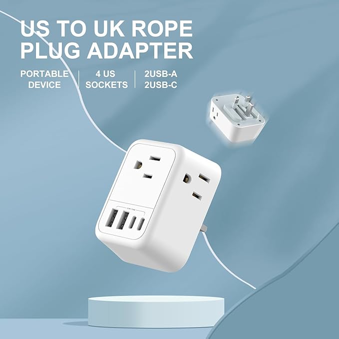 US to UK Plug Adapter, Foldable UK Travel Adapter with 4 AC Outlets 4 USB Ports(2 USB C), Type G Power Adapter for USA to Ireland England British Scotland London Hong Kong Singapore(1 Pack)