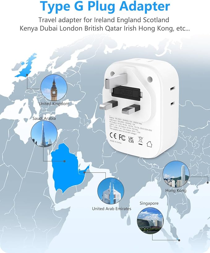 LENCENT US to UK Ireland Travel Plug Adapter, PD 45W Grounded Type G Adapter for Travel with 4 Outlets 4 USB Ports(2 USB C), Power Plug for US to Dubai Scotland British London England Singapore