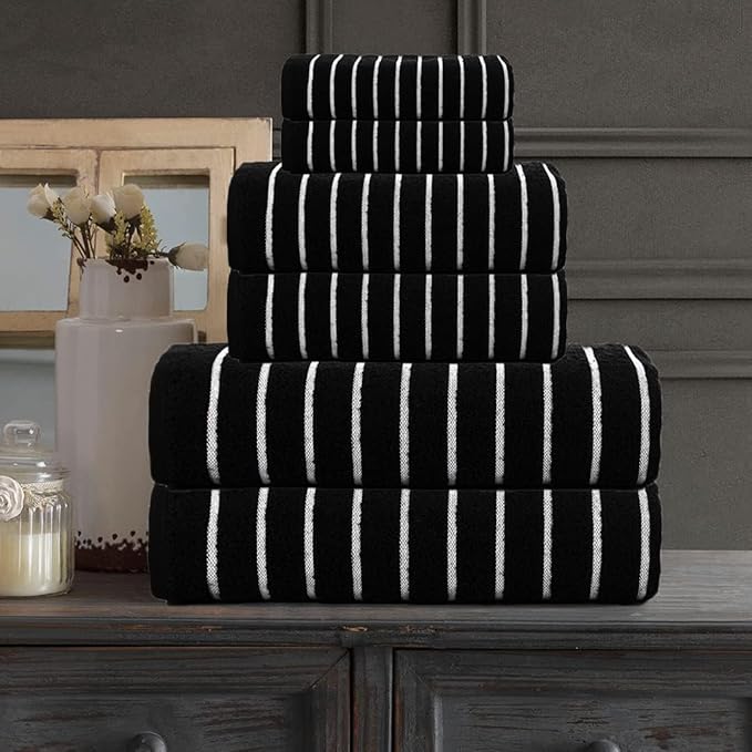 CASA COPENHAGEN Ecstatic 6Pcs 100% Egyptian Cotton Large Designer Towels Gift Set- Pitch Black, 600GSM, 2Bath 2Hand 2Washcloths, Bath Towels for Bathroom Set for Women & Men
