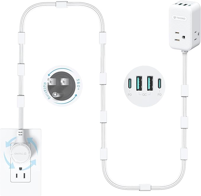 TROND Electrical Outlet Extender 360° Rotating Plug with 20W USB C, 10ft Extension Cord, Wall Plug Adapter with 3 AC Outlets, Access Hard-to-Reach Outlets Use Behind Couches, Desk, White