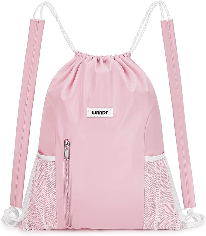 WANDF Drawstring Backpack with Shoulder Pad Sports Gym Backpack with Mesh Pocket String Bag for Women Men(Pink)
