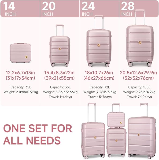 Somago Luggage Sets and Packing Cube Travel Set Lightweight Hardside Polypropylene Suitcases with Double Spinner Wheels and TSA Lock,Nude Pink