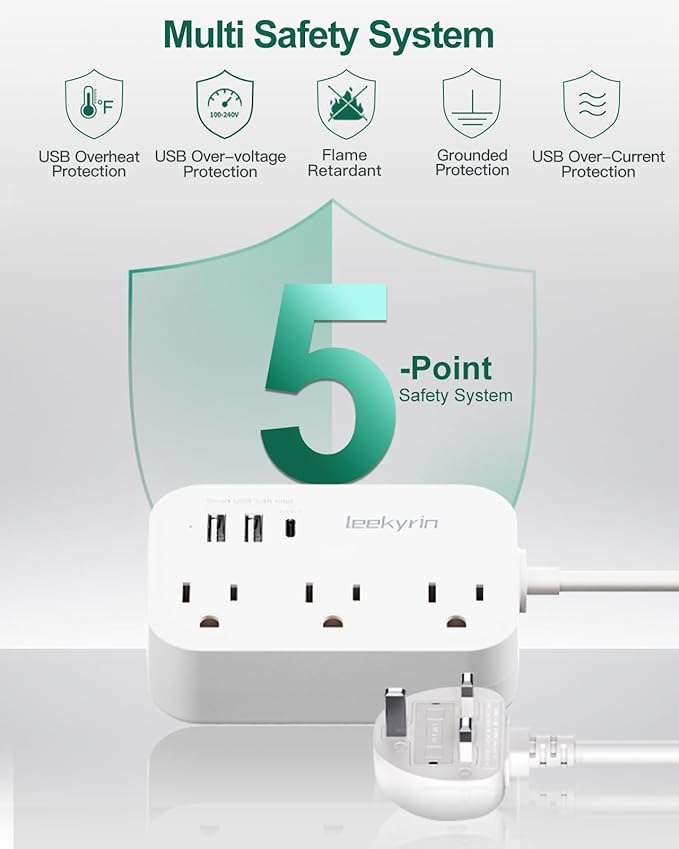 UK Adapters for Travel(13A), US to UK Plug Adapter with 3 Outlets 3 USB Charging Ports (USB-C), Type G Travel Adapter with 3FT Extension Cord, USA to Scotland British London England Irish Dubai