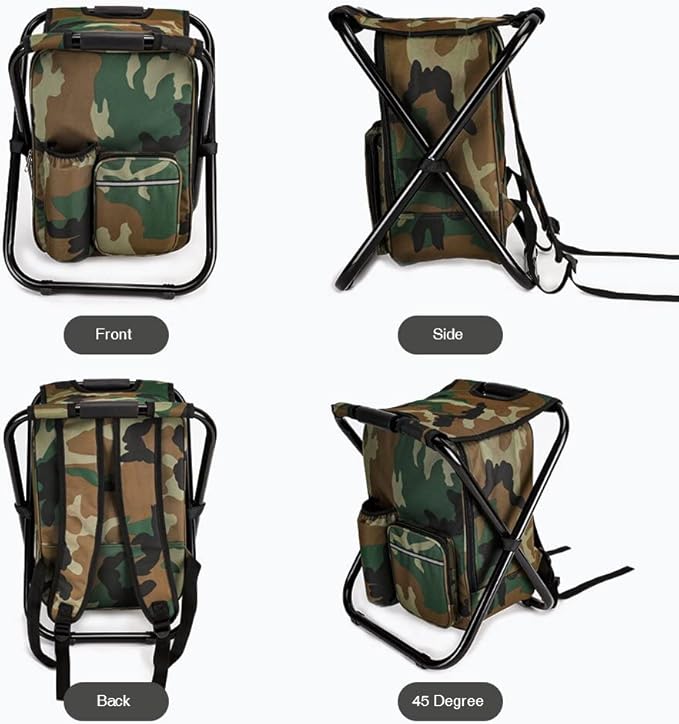 YESIACE Portable Hiking Camouflage Camping Stool, Folding Camping Chair Stool Backpack with Cooler Insulated Picnic Bag