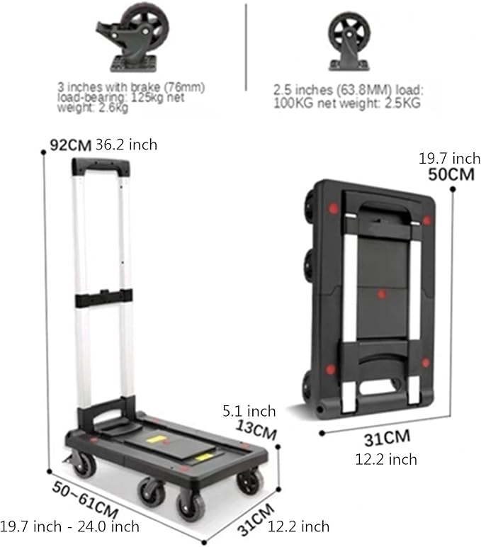 Foldable Push Hand Cart Folding Platform Truck Plastic Push Cart Heavy Duty Portable Trolley with Retractable Assis for Luggage Travel Moving Office Dolly Cart (Color : L
