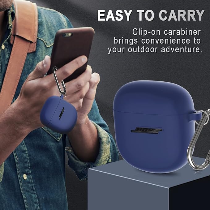 Silicone Case for Bose QuietComfort Earbuds II (2022) & QuietComfort Ultra (2023), Shockproof Protective Cover With Keychain for Men Women (Blue)