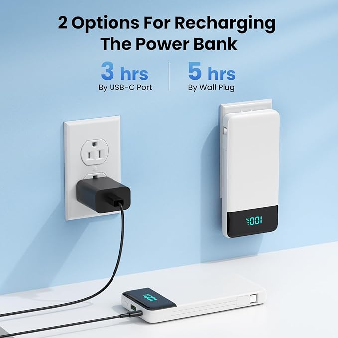 Portable Charger for iPhone with Built-in Cables and Wall Plug,Upgraded 13800mAh Fast Charging USB C Power Bank,4 Outputs Slim Travel Essential Battery Pack for iPhone 17/16/15/14/13,Galaxy,-White