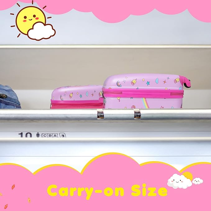BABY JOY 2 Pcs Kids Luggage Set, 16" Carry-on Luggage Trolley Case & 12" Backpack w/Rolling Wheels, Retractable Handle, Lightweight Airline-approved Design, Kids Suitcase for Girls Boys (White Pony)