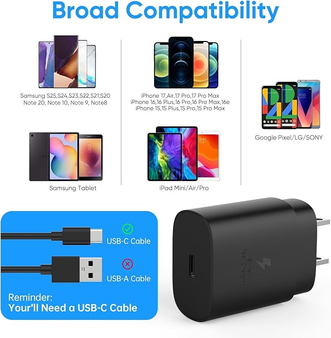 USB Type C Charger Block, 25W Fast Charging Block for Samsung Galaxy S25 S24 Ultra S23 S22 S21 S20 Note20 / iPhone 17 16 15 14 13 Pro Max, Super Fast Wall Charger Plug Power Adapter, 2 Pack