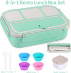 shell and turtle Bento Box Adult Lunch Box, Lunch Containers for Kids Girls Boys with 4 Compartments, Lunchable Food Container with Utensils, Sauce Jar, Muffin Liners, 40 Oz/5 Cup, Seafoam Green