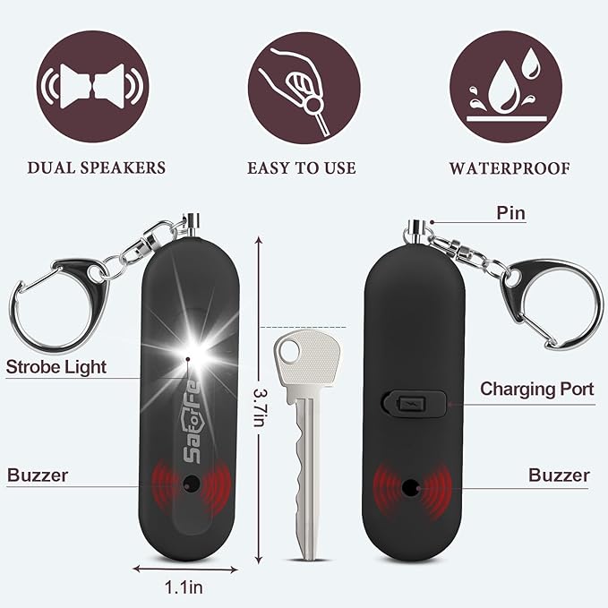 Personal Safety Alarm - Waterproof Rechargeable Security Alarm - 140dB Extra Loud Siren & Strobe Light - Self Defense Keychain - Gift for Women, Teenagers, College Girls, Seniors (Black)