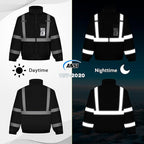 Reflective Jackets, High Vis Safety Work Jacket with Pockets for Men& Women, Construction Coats for Cold Weather, Waterproof Rain Gear, Class 3, Black Standard, L