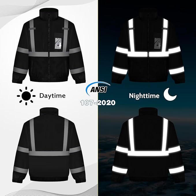 High Visibility Safety Jackets, Construction Coats with Pockets for Men& Women, Rain Jacket for Winter Cold Weather, Waterproof High Vis Rain Coat, Class 3, Black Standard, 3XL