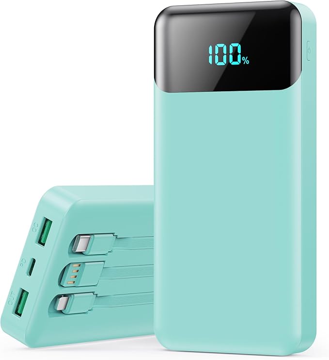 Portable Charger 40800mAh Power Bank with 3 Built-in Cables,PD 25W USB C in&Out Power Bank Fast Phone Charging,QC4.0 5 Outputs Travel Camping Essential Battery Pack for iPhone 17/16,Samsung etc-Green