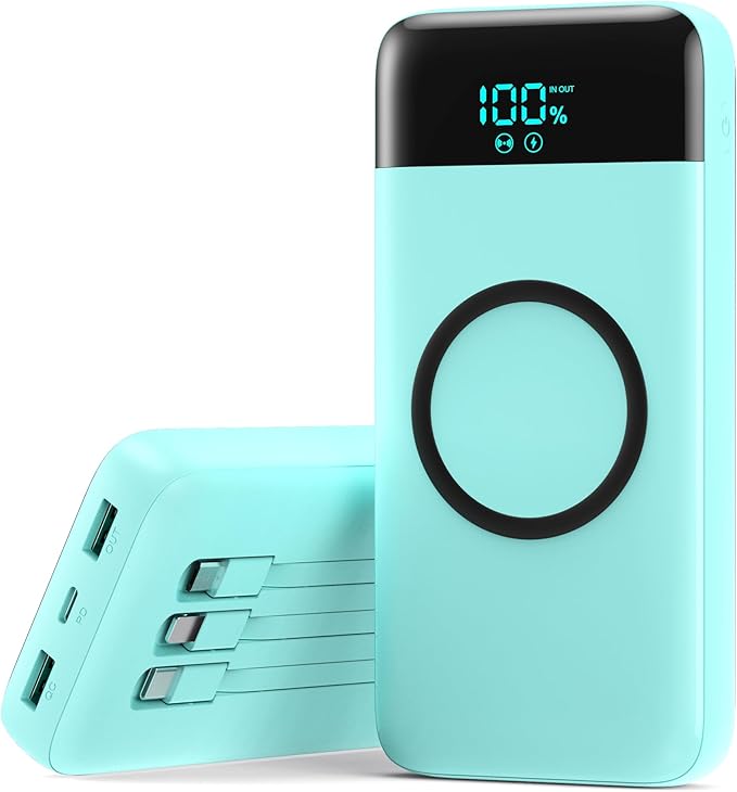 Wireless Portable Charger 40800mAh for iPhone with 3 Built-in Cables,7-in-1 15W Wireless Charging USB C Power Bank,25W PD Fast Charging Travel Essential Battery Pack for iPhone 17/16/15,Android-Green