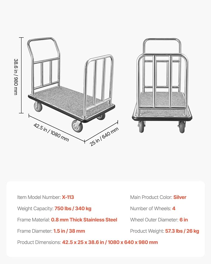 Hotel Luggage Cart 750 LBS Platform Truck with Removable Front Frame Heavy-Duty Capacity: This Durable Bellman cart Measures 42.5 × 25 × 38.6 inches (108 × 64 × 98 cm) and Holds up to 750 lbs Its sp