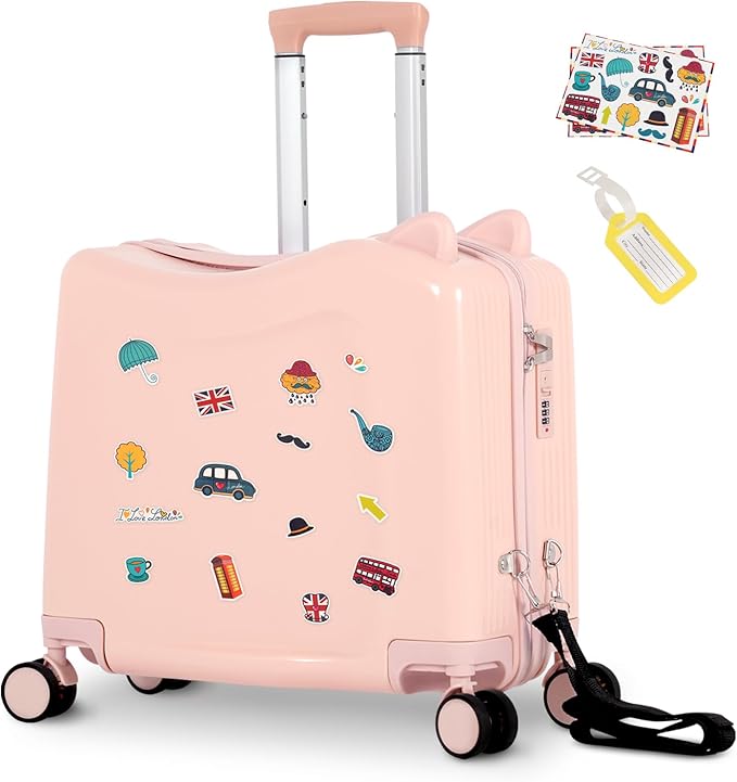smilesun 20" Ride-On Travel Suitcase for Kids, Cute Ear Toddler Carry on Luggage with Spinner Wheels & Anti-Lose Rope, Children Rolling Trolly Luggage with Password Lock (Pink with Rope)