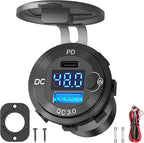 High Voltage USB Outlet 12V 24V 36V 48V 60V Aluminum Car Charger Socket, PD 30W USB C and QC 36W Car USB Port Waterproof Cigarette Lighter Power Adapter DIY Kit with Button Switch for Ship Truck, etc.
