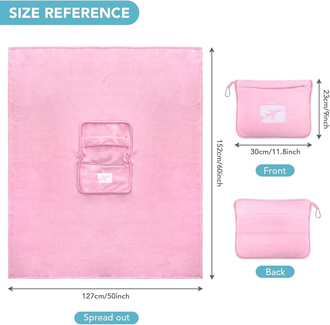 SINLAND Travel Pillow and Blanket 2-in-1 Set,Airplane Packable Bag,Soft and Lightweight Plane Flight Car Trips Travel Essentials Gift,Hand Luggage Sleeve and Backpack Clip,60x50 Inch Pink
