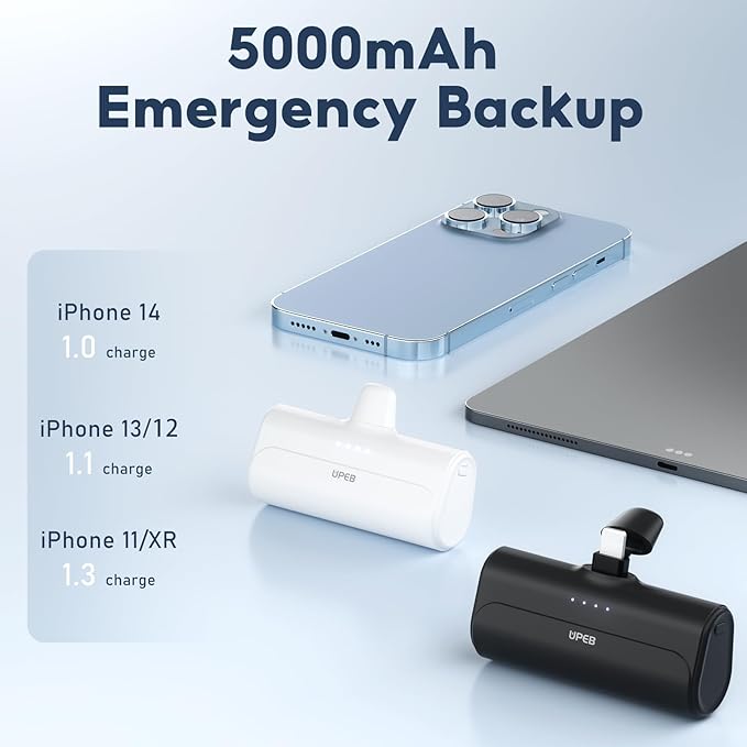 UPEB Small Portable Charger for iPhone 5000mAh 2 Packs with Built in Cable, MFi Certified Compact Power Bank Cordless External Battery Pack for All iPhone Series 14/13/12/11/XR/X/SE/8/7/6 Pro Max