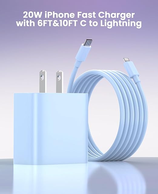 FEEL2NICE iPhone Charger Fast Charging 2 Pack Type C Wall Charger Block with 2 Pack [6FT&10FT] Long USB C to Lightning Cable for iPhone 14/13/12/12 Pro Max/11/Xs Max/XR/X,AirPods Pro,Blue