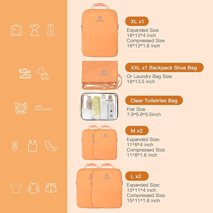 PFEYRPK Lightweight Compression Packing Cubes for Suitcases, Compressible Expandable Travel Packing Organizer with Clear Toiletries and Backpack Bag, Travel Essentials for Carry on Luggage 7 Set