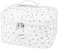 Gosect Large Travel Quilted Makeup Bag for Women,Big Floral Cotton Cosmetic Bag, Cute Coquette Aesthetic Floral Toiletry Organizer Bag (White Cherry)