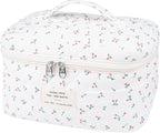 Gosect Large Travel Quilted Makeup Bag for Women,Big Floral Cotton Cosmetic Bag, Cute Coquette Aesthetic Floral Toiletry Organizer Bag (White Cherry)