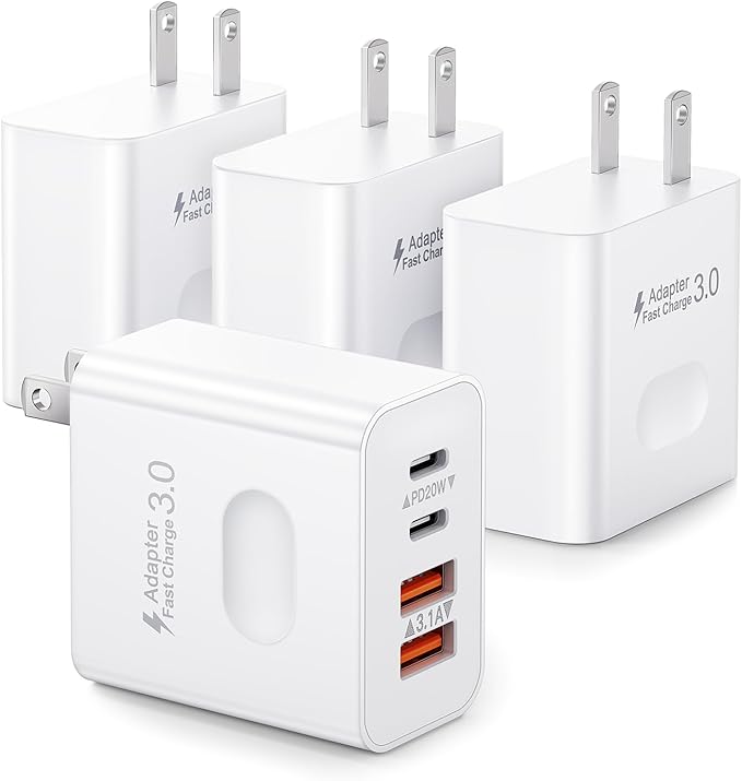 USB C Charger Block [4 Pack], 40W 4-Port Fast Charging Blocks USB C Wall Charger Dual Port PD + QC USB Wall Plug Multiport Brick Type C Block USBC Cube for iPhone 16 15 14 13 12 11 Pro Max, Samsung