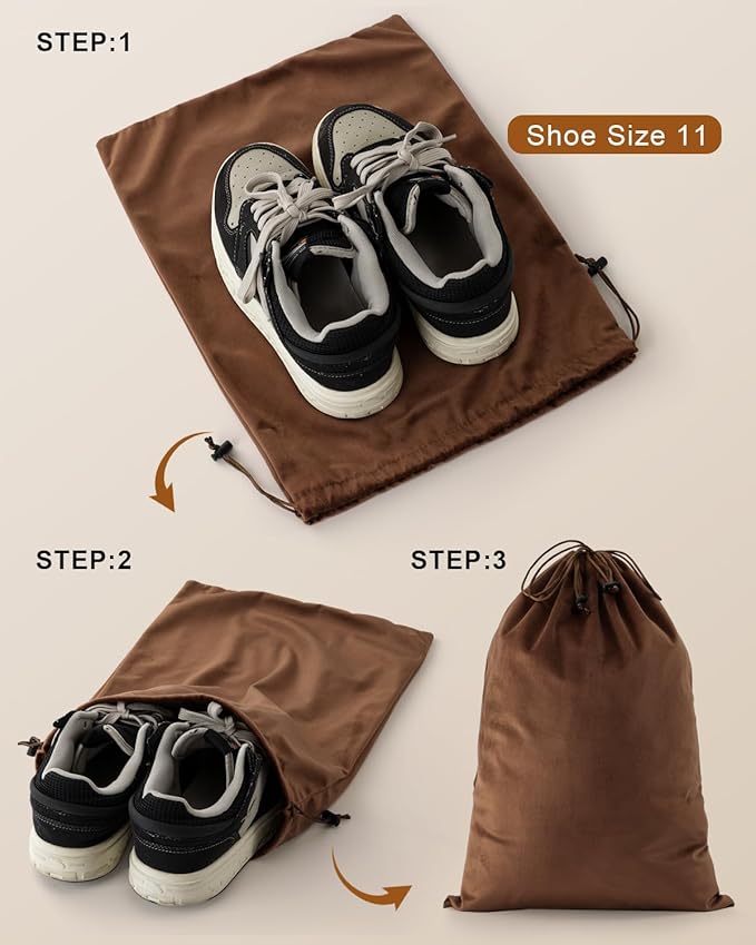 FantasyLife Shoe Bags for Travel, Washable Dust Bags for Storage & Packing, Flannel Shoe Pouch with Drawstring Closure for Purses, Handbags, Shoes & Toys (4, Mocha Mousse, 17.3"x12.6")