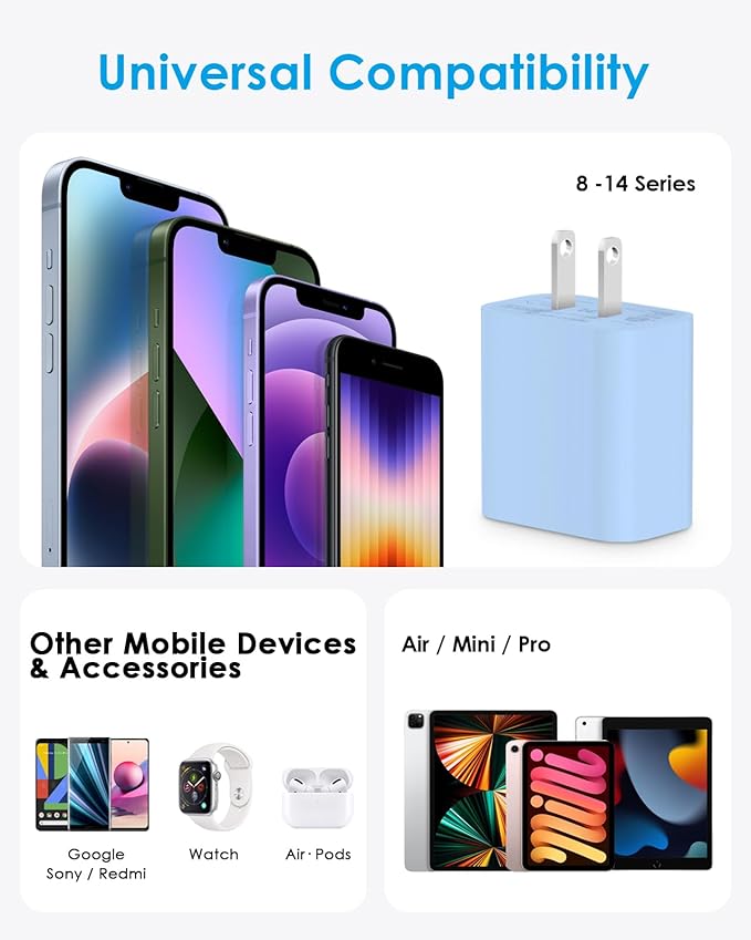 AISNI Fast Charger Block for iPhone 14 13 12 with 10 Foot Fast Charging Cable,MFi-Certified, 20W PD USB C i-Phone Charger 10 ft Compatible with iP14 Plus/14/13/12/11 Pro Max/XSMax (2-Pack Blue)
