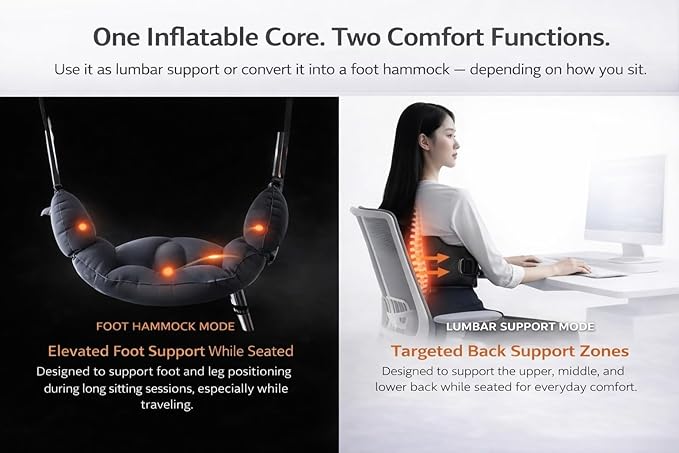 2-in-1 Inflatable Foot Hammock & Lumbar Support – Premium TPU Material, Adjustable Support for Airplane, Office & Home – Lightweight, Portable & Travel-Ready (Black)