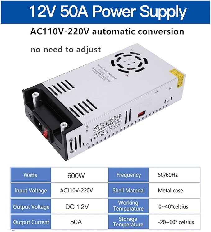 High-Power SMPS 110V/220V AC to 12V DC Converter - 50A 600W Power Supply - Adjustable Switch Transformer for LED Strip, LCD Monitor CCTV, Radio/Car Stereos, 3D Printer - Includes 2 Clamp Wires