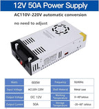 High-Power SMPS 110V/220V AC to 12V DC Converter - 50A 600W Power Supply - Adjustable Switch Transformer for LED Strip, LCD Monitor CCTV, Radio/Car Stereos, 3D Printer - Includes 2 Clamp Wires