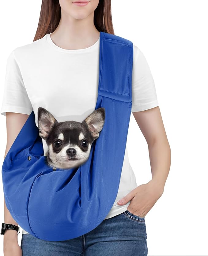 Pawaboo Small Dog Sling Carrier, Reversible Hands Free Dog Sling Carriers for Small Dogs and Cats, Puppy Slings Carrier with Safety Harness, Puppy Essentials, Sapphire Blue
