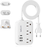 European Travel Plug Adapter, US to UK Europe Power Strip for EU/UK/US with 5ft Extension Cord, 3 USB Ports 3 AC Outlets, International Travel Power Strip, Type C for Europe EU Germany France