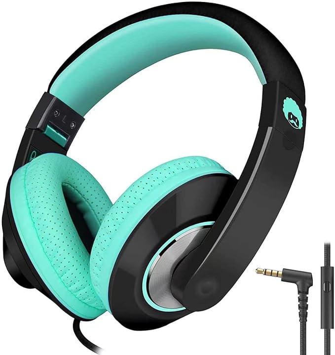 rockpapa Comfort+ Kids Headphones with Microphone, Boys Girls Student Over-Ear Headphones Wired Foldable for School Classroom Laptop PC Computer Tablet Black Teal