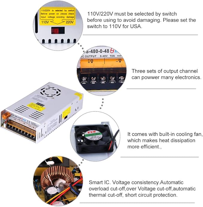 AC to DC Converter, MYSWEETY 12 Volt Power Supply AC 110V-220V to DC 0-48V Module Switching Power Supply Digital Display 480W Voltage Regulator Transformer Built in Cooling Fan