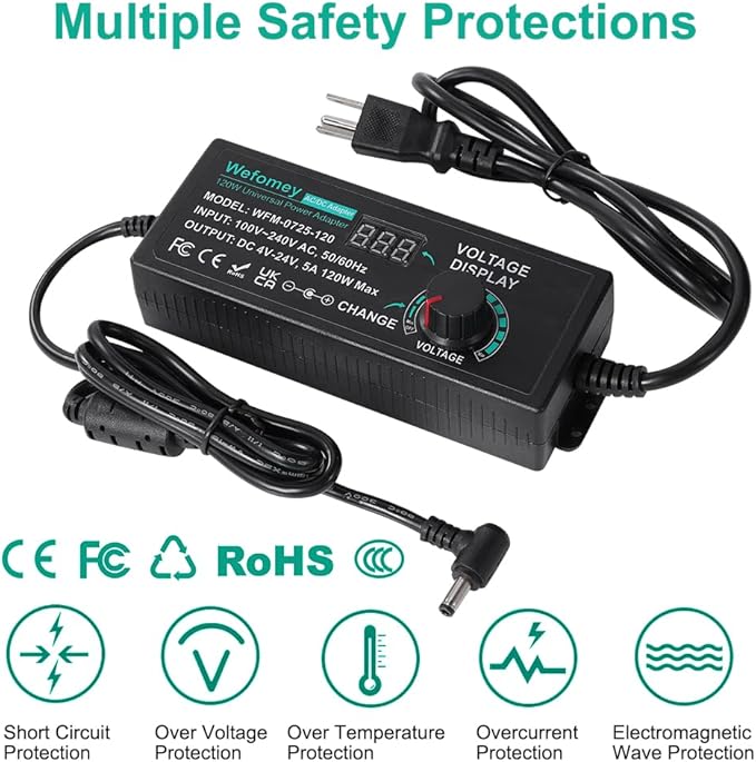 120W Universal Power Supply Adjustable DC 3V ~ 24V Variable Switching AC/DC Adapter 100V-240V AC to DC 24V 5A Converter with 14 Tips & Polarity Converter - 5000mA Max