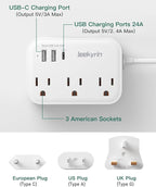 European Travel Plug Adapter, US to UK Europe Power Strip for EU/UK/US with USB C, 3 USB Ports 3 AC Outlets, 3ft Extension Cord, International Travel Power Strip, Type C for Europe EU Germany France