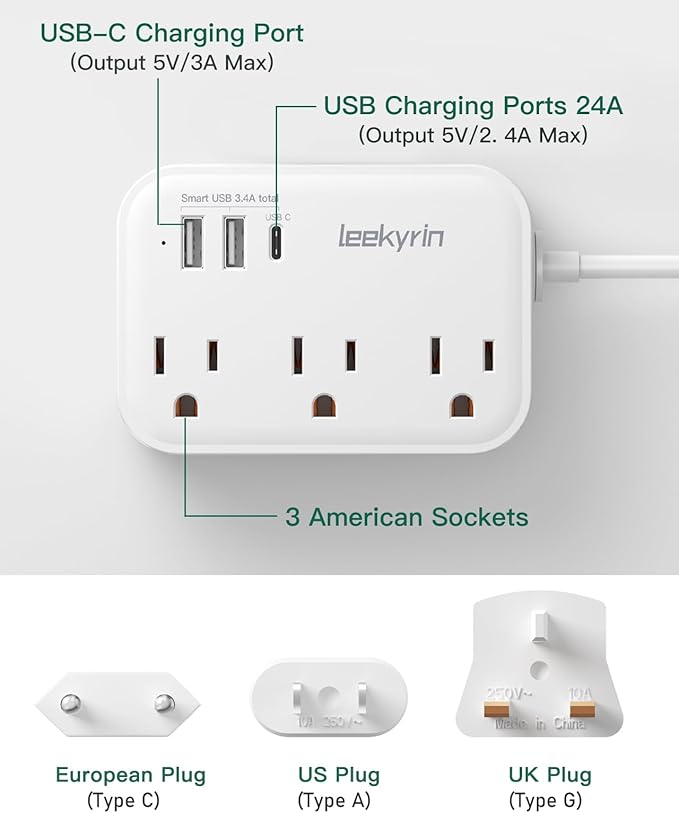 European Travel Plug Adapter, US to UK Europe Power Strip for EU/UK/US with USB C, 3 USB Ports 3 AC Outlets, 3ft Extension Cord, International Travel Power Strip, Type C for Europe EU Germany France